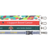 A collection of four sublimation lanyards in various designs and colours, featuring clips and a logo.