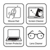 Four icons representing a mouse pad, screen cleaner, screen protector, and lens cleaner. All icons are in black and white.