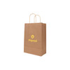 Kraft paper bag with twisted handles, featuring a logo, in a natural brown colour.