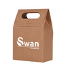 A kraft paper die cut handle bag, featuring a top handle and a logo on the side.