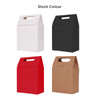 A range of die cut handle bags in white, black, red, and brown kraft with handle cut-outs.