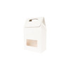 A white die-cut handle bag with a transparent window, featuring a triangular top and a handle for easy carrying.