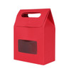 A red die cut handle bag with a window, featuring a simple design and a carry handle on top.