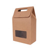 A brown die cut handle bag featuring a transparent window, with a simple and functional design.