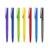 A range of plastic pens with transparent barrels in purple, blue, green, yellow, red, and black. Each pen has a clip.
