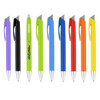 A selection of plastic pens in purple, black, green, blue, red, and orange, with a logo on one pen.