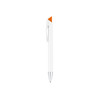 A white pen with an orange triangular accent and silver clip, featuring a logo on the barrel.