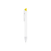 A pen featuring a white body with a yellow tip and a silver clip, displayed against a plain background.