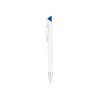 A white pen with a blue tip and silver accents, featuring a logo on the body.