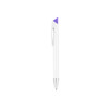 A grey and white pen with a purple accent and a logo on the side.
