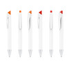 A collection of white pens with various coloured tips: orange, red, and orange-red, featuring a logo on each.