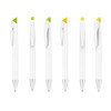 A set of six white pens with coloured caps in green and yellow, featuring a silver tip and a branding logo.