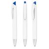 A set of three grey pens with blue accents and silver tips, featuring a logo on each pen.