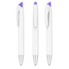 A set of three gray pens with white bodies and purple accents, featuring a clip and a logo on each pen.
