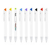 A collection of white plastic pens with various coloured accents, including orange, green, blue, purple, and black. One pen features a decorative design.
