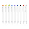 A collection of white plastic pens with various coloured triangular caps: orange, green, purple, blue, black, and red.