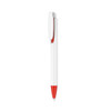 A pen with a creamy white barrel, featuring a red clip and tip, and it has a logo on the barrel.