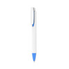 A plastic pen with a creamy white barrel and a blue tip and clip, featuring a branding logo.