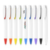 A collection of plastic pens with creamy white barrels, featuring vibrant coloured accents. Some pens include a logo.