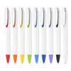 A collection of plastic pens with creamy white barrels and various coloured clips, including orange, yellow, green, blue, purple, and black.