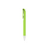 A lime green plastic pen with a metallic silver tip and a clip on the side. It features a logo.