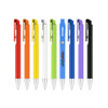 A collection of plastic pens in red, orange, yellow, green, white, blue, purple, and black, featuring various designs.