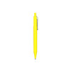 A bright yellow plastic pen with a clip, featuring a sleek barrel design and a branding logo.