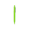 A bright green plastic pen with a clip, featuring a sleek design. The pen includes a logo.