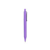 A purple plastic pen with a clip, featuring a smooth barrel design and a fine tip. It has a logo on the side.