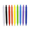 A collection of plastic pens in white, black, red, orange, yellow, green, blue, and purple with a logo.
