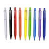 A row of plastic pens in white, black, orange, red, yellow, green, and purple, featuring a transparent clip.