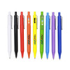 A selection of plastic pens in various colours, including white, black, red, yellow, green, blue, and purple, featuring a logo.