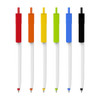 A selection of push button pens featuring creamy white barrels and brightly coloured caps in red, orange, yellow, green, blue, and black.
