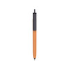 A push button pen with a colour barrel in orange and a black cap, featuring a logo on the barrel.