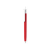 A push button pen with a red barrel and creamy white cap, featuring a clip and a logo.