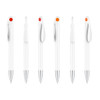 A collection of creamy white barrel pens with different coloured accents—red and orange—on the clip and tip.