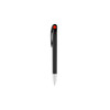 A black barrel pen with a clip and a red dot on the top, featuring a silver tip. It has a logo on the barrel.