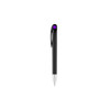 A black plastic pen with a purple top and a silver tip, featuring a clip for convenience.