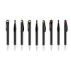A lineup of black plastic pens with various coloured tips—yellow, red, and black—featuring a sleek barrel design.