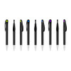 A set of black barrel pens with coloured accents on the clips and silver tips. Features a logo on some pens.