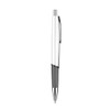 A silver and grey plastic pen with a chrome clip and a sleek design. It features a branding logo.