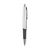 A silver and black plastic pen with a sleek design and a clip for easy attachment. It has a branding logo.