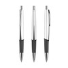 A set of three sleek silver plastic pens with black grips, featuring a simple design and shiny finish.
