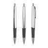 Three plastic pens in silver and black, featuring a sleek design and clip. The pens have a logo on them.