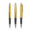 A set of three plastic pens featuring a shiny yellow and black design, each with silver accents and a clip.