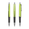 Three plastic pens with a vibrant green barrel and black grips, featuring silver accents and a clip.