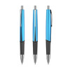 Three blue plastic pens with black grips and silver accents, featuring a logo on the barrel.