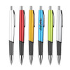 A set of six plastic pens in various colours: white, red, yellow, blue, green, and silver, featuring a logo.
