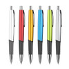 A collection of six plastic pens in white, red, yellow, blue, green, and gray, featuring a logo on each.