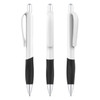 A creamy white barrel plastic pen with a black grip and silver accents, featuring a stylish design and a clip.